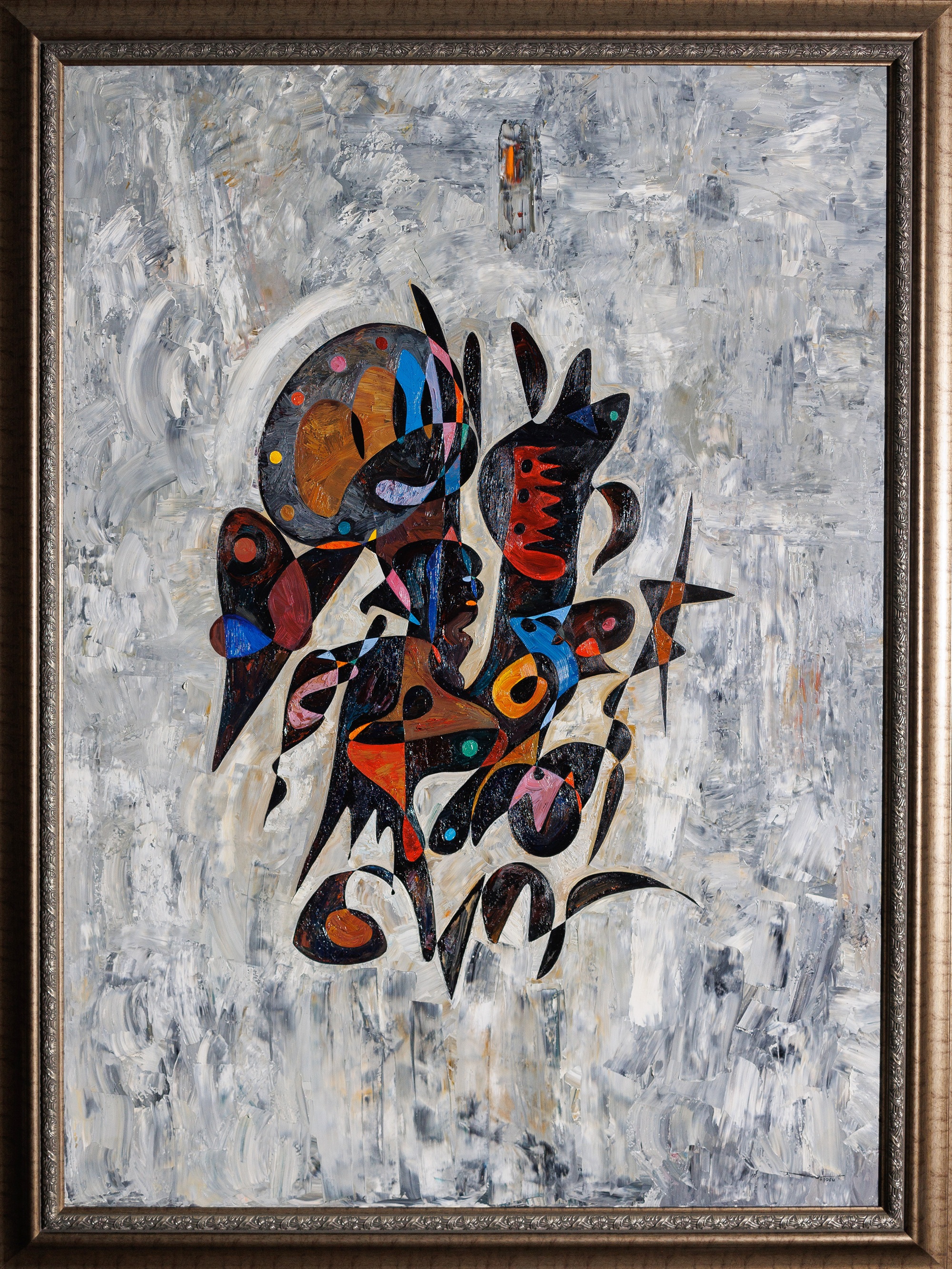 Humano babilónico (2008), pintura abstracta que representa una figura humana estilizada inspirada en formas babilónicas antiguas, con composición estructurada y elementos simbólicos
