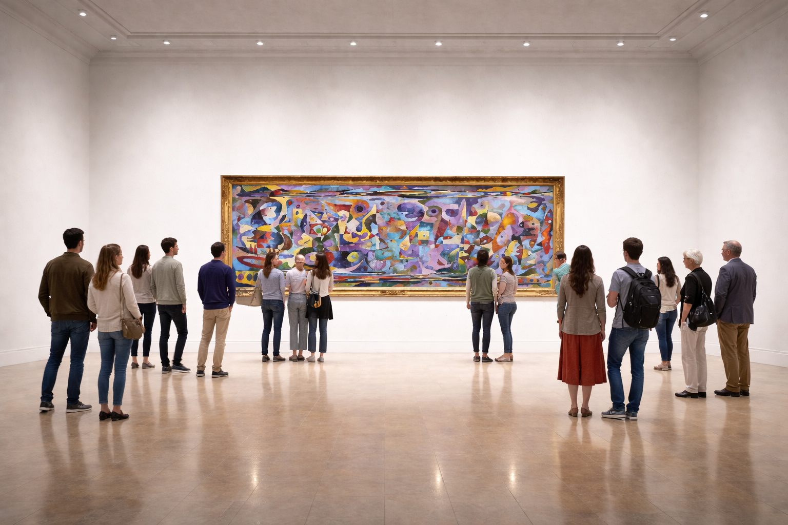 Hinduismo de Gheorghe Virtosu, 2017. Gran óleo horizontal sobre lienzo (2,0 × 6,0 metros) que representa un campo abstracto de formas biomórficas en movimiento. El lado izquierdo muestra a un hombre montando una figura similar a una tortuga, con formas fluidas, circulares y angulares que sugieren ciclos de creación, conciencia y transformación. La composición enfatiza la interconexión simbólica, la fluidez y la disolución, reflejando exploraciones conceptuales de la cosmología hindú.