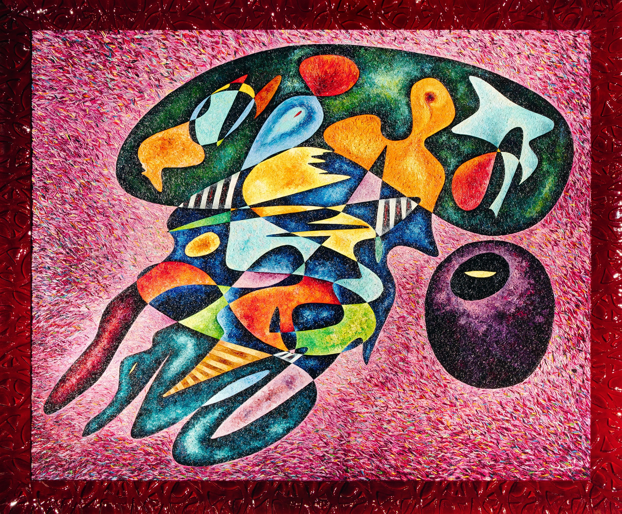 Pintura abstracta de gran formato con formas geométricas y biomórficas entrelazadas en rojo, rosa, verde y negro, que forman una estructura central densa; un ejemplo de Nueva Perfección en la Abstracción Sistémica.
